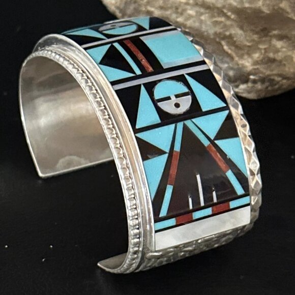 Zuni Turquoise Inlay Sterling Silver Cuff Bracelet Native Indian Handmade - Picture 4 of 10